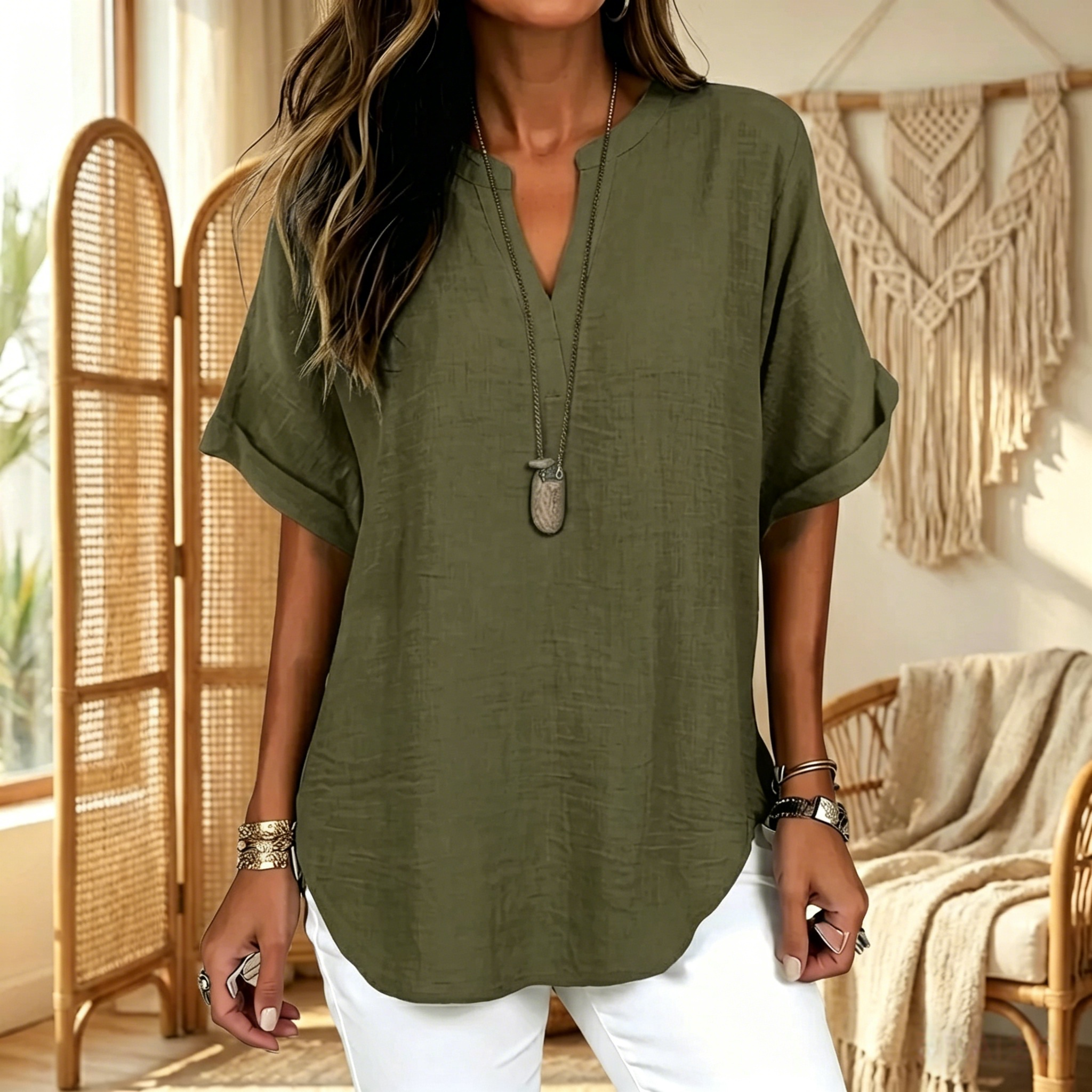 🔥Women's Plain Short Sleeve Blouse, Casual Solid Color Top for Daily Wear, Ladies Clothes for All Seasons