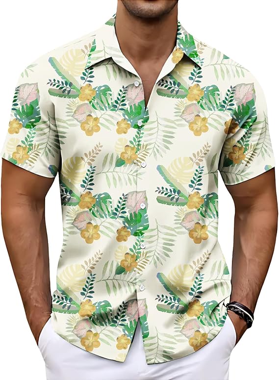 Men Tropical Plant Print Camp Collar Short Sleeve Hawaiian Shirt