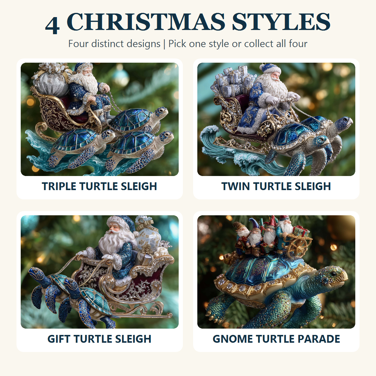Comparison of all four Turtle Drift Christmas ornament designs