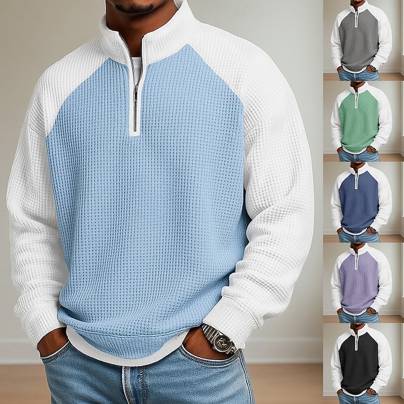 Light blue waffle quarter-zip pullover with seven color choices