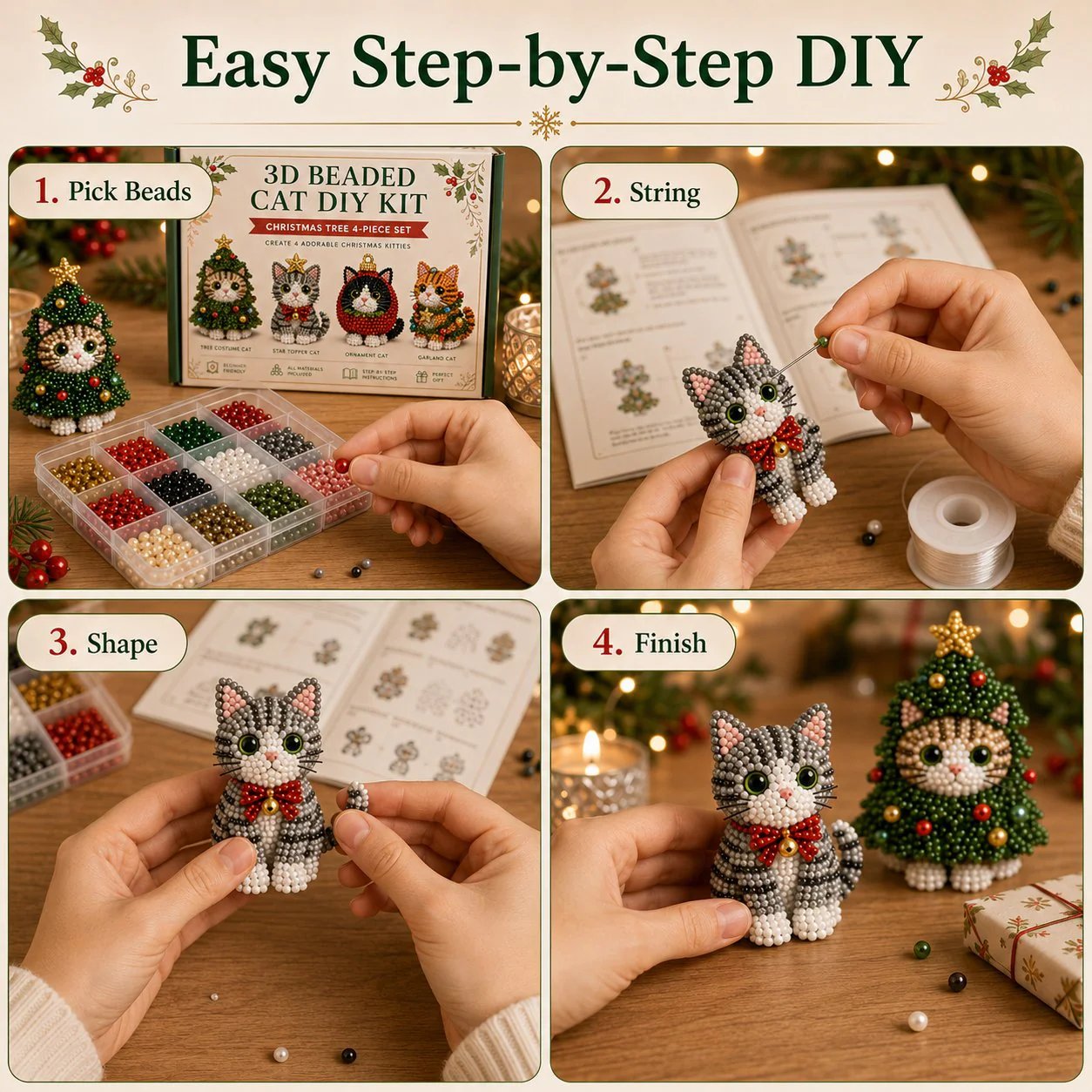 🐱✨ Create Your Own 3D Beaded Christmas Cats | Beginner-Friendly DIY Kit