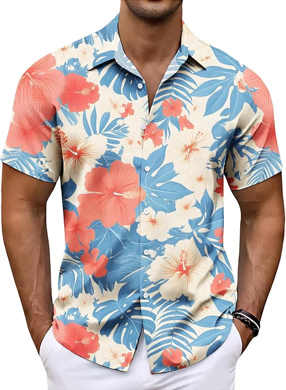 Men Tropical Plant Print Camp Collar Short Sleeve Hawaiian Shirt