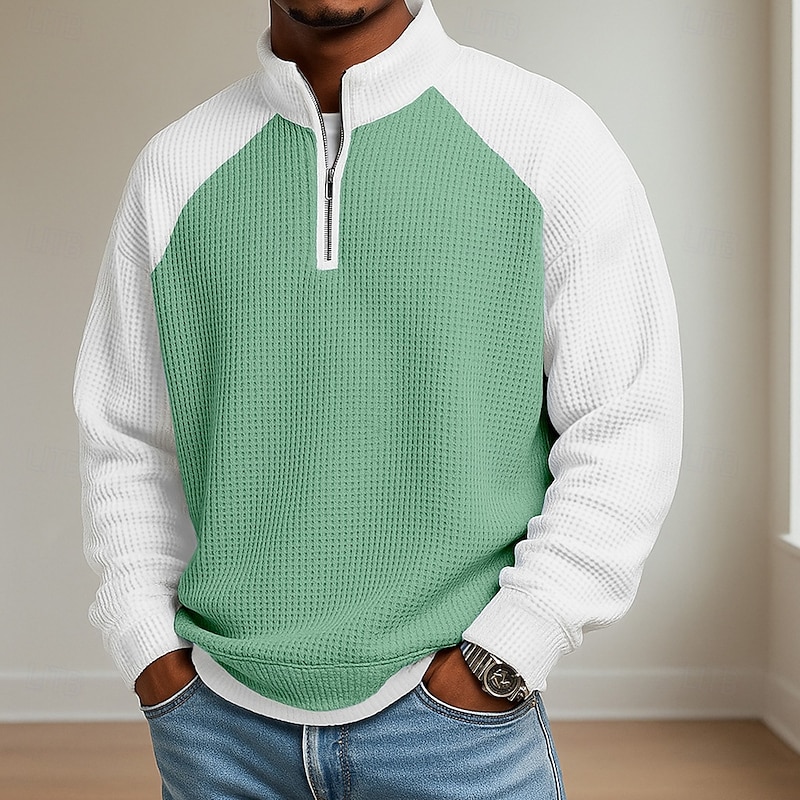 Light green men's waffle-knit colorblock quarter-zip pullover