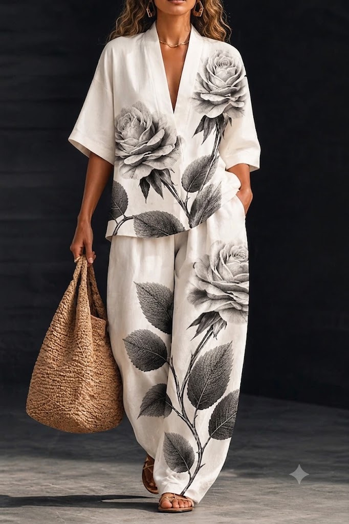 Women's Shirt Cotton Linen Sets Pants Sets Short Sleeve V Neck Floral Graphic Geometric Print Vacation Fashion Streetwear Casual Daily Outdoor Black White Spring & Summer Loose Fit
