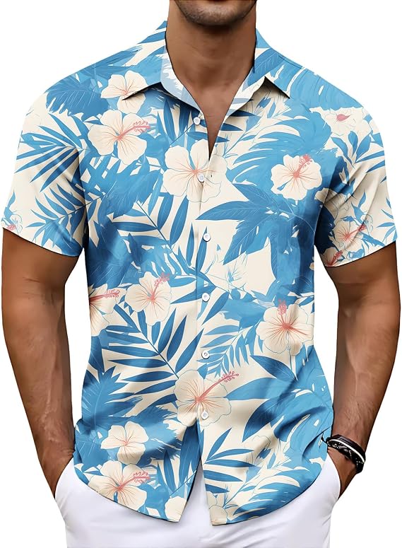 Men Tropical Plant Print Camp Collar Short Sleeve Hawaiian Shirt