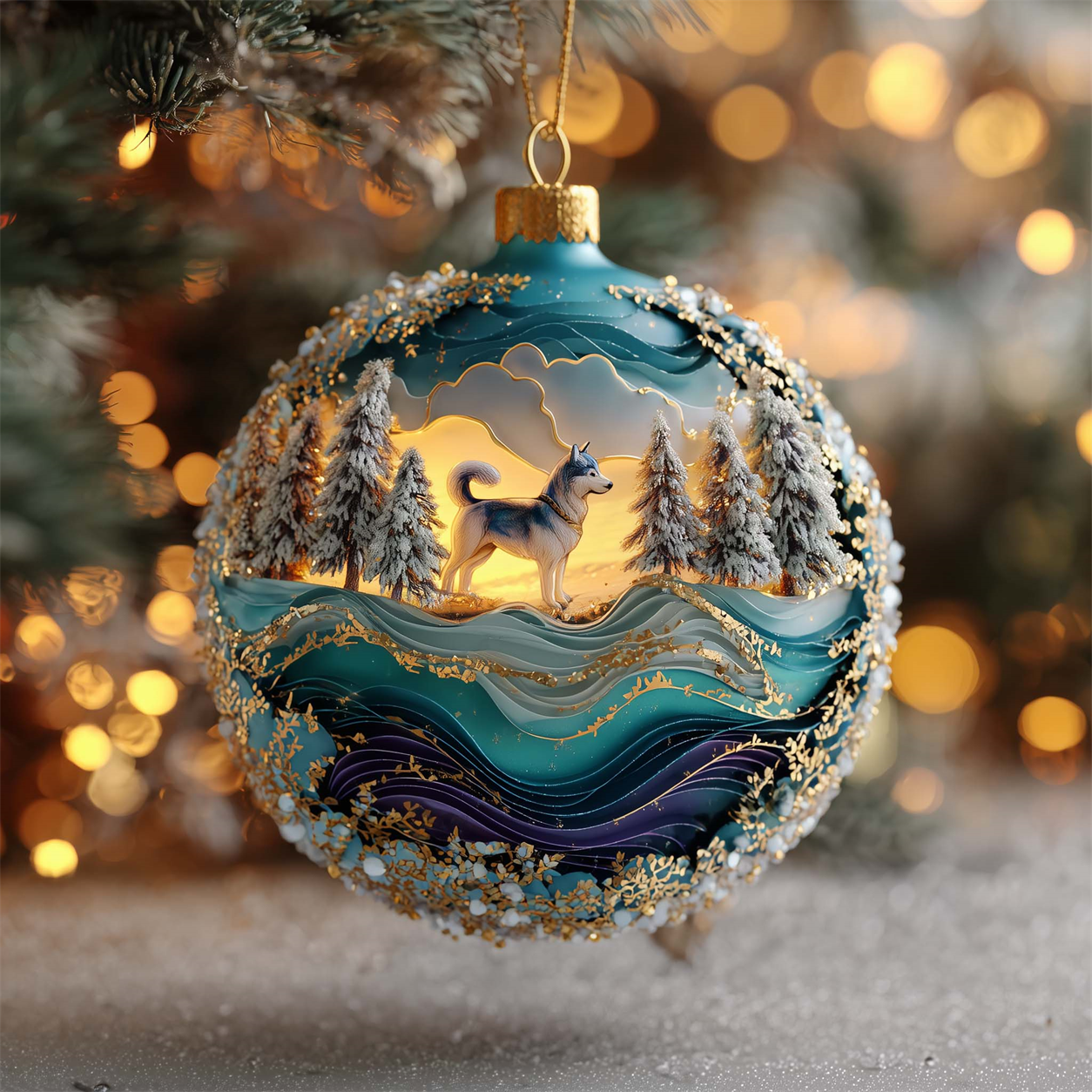 Husky Pride Christmas ornament with a husky in a glowing winter forest