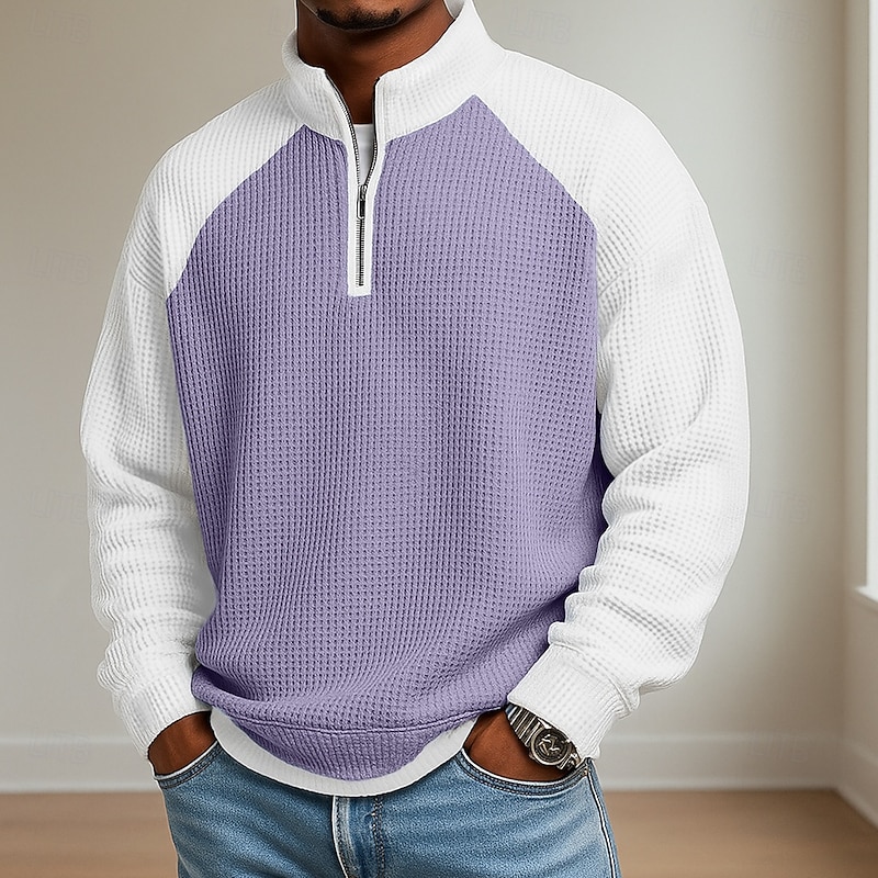 Purple men's waffle-knit colorblock quarter-zip pullover