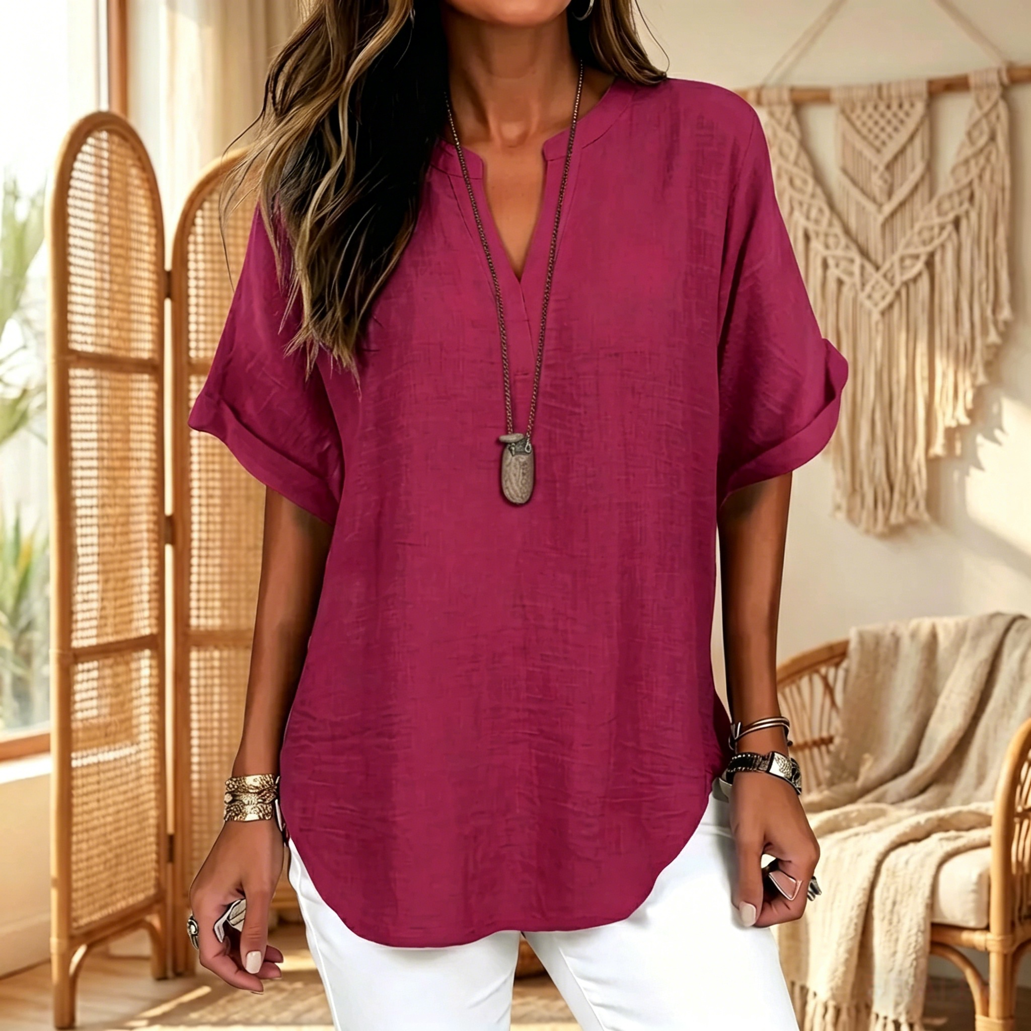 🔥Women's Plain Short Sleeve Blouse, Casual Solid Color Top for Daily Wear, Ladies Clothes for All Seasons