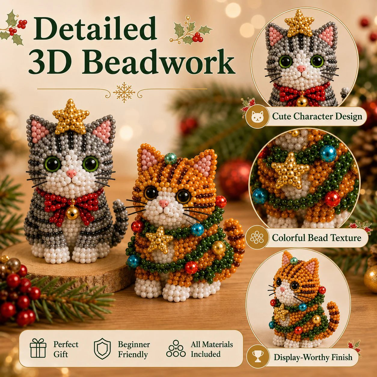 🐱✨ Create Your Own 3D Beaded Christmas Cats | Beginner-Friendly DIY Kit