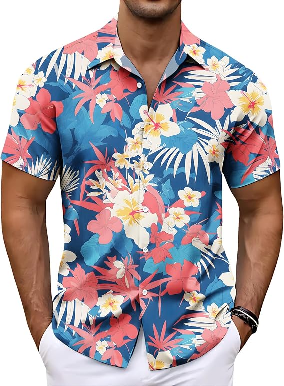 Men Tropical Plant Print Camp Collar Short Sleeve Hawaiian Shirt