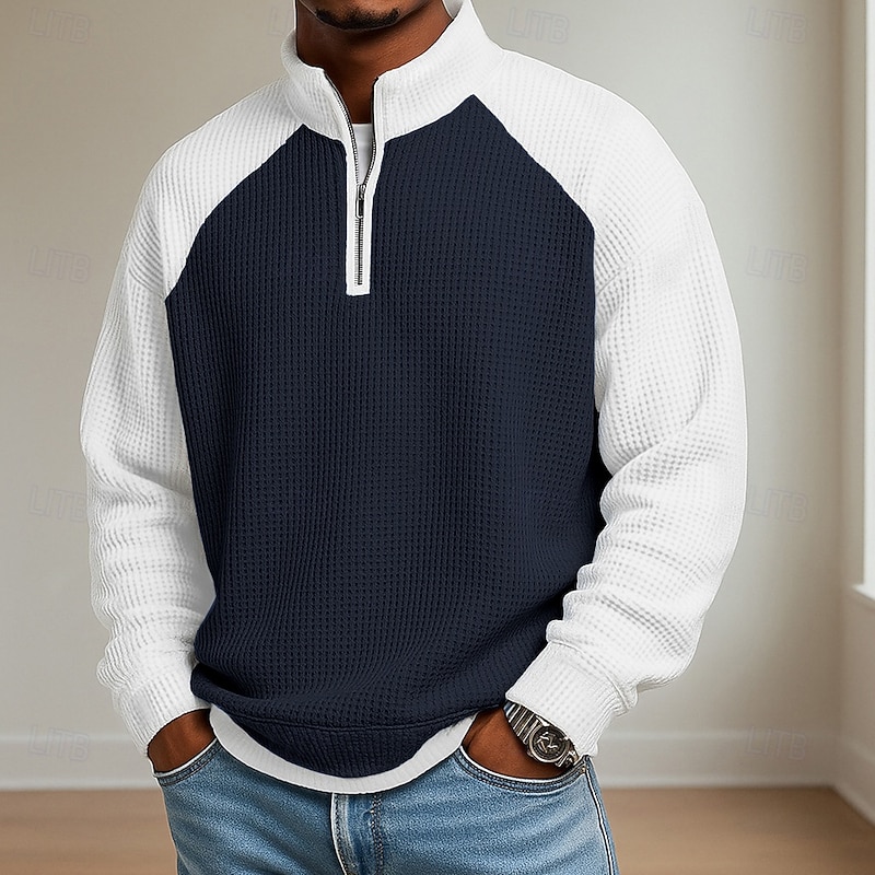 Dark blue men's waffle-knit colorblock quarter-zip pullover