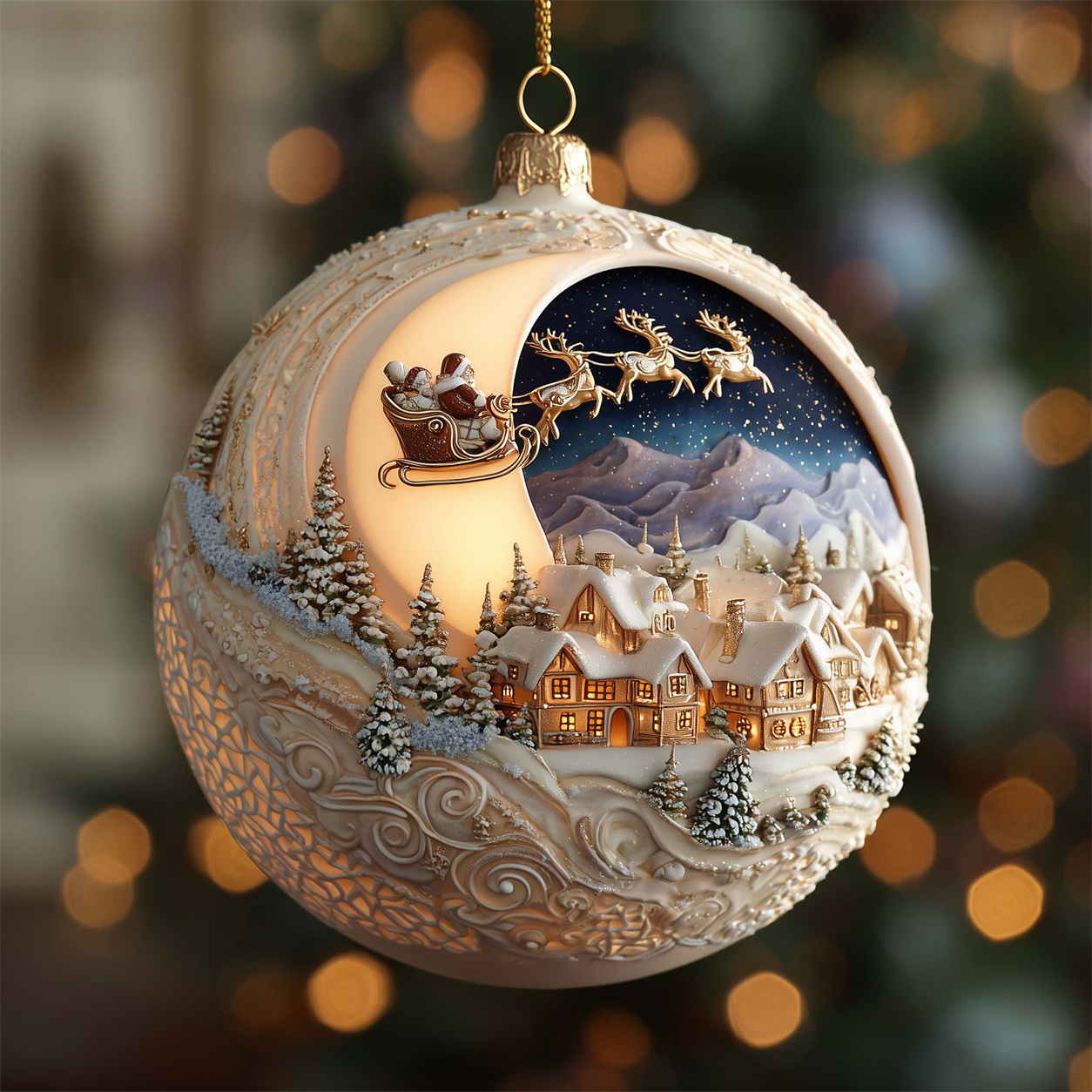 Moonlit Santa Village Christmas ornament with a snow-covered village and Santa sleigh