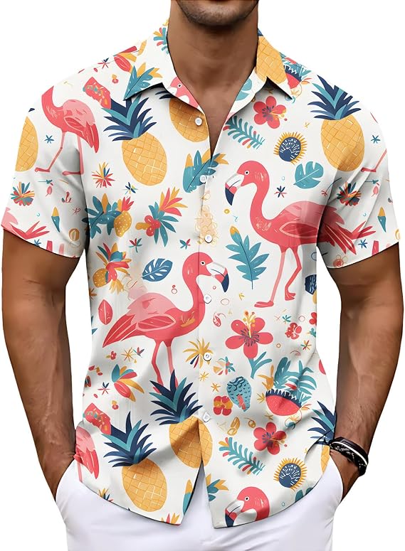 Men Tropical Plant Print Camp Collar Short Sleeve Hawaiian Shirt