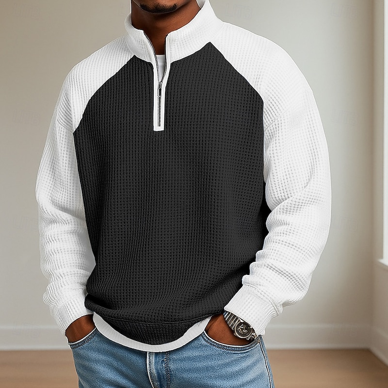 Black men's waffle-knit colorblock quarter-zip pullover