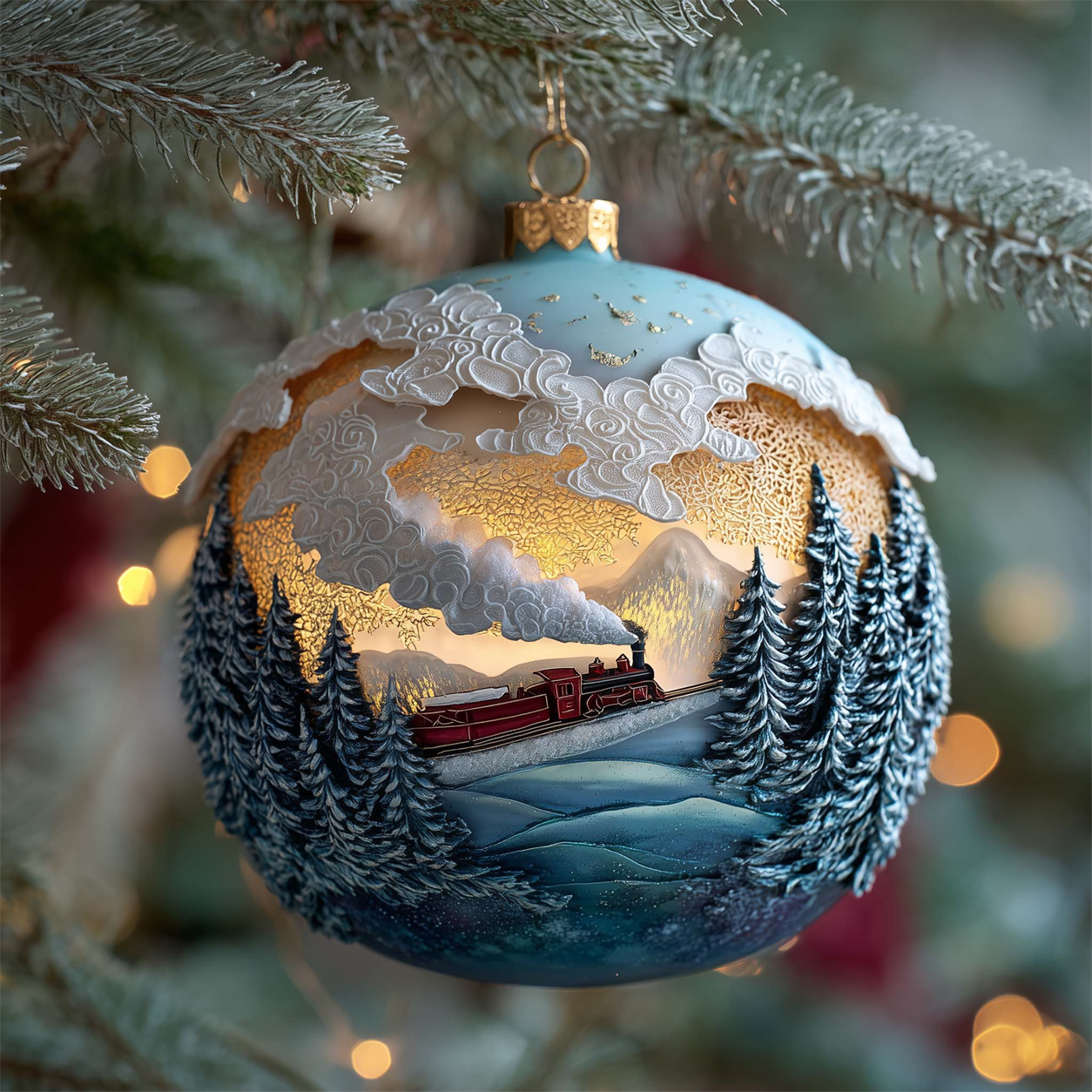 Golden Steam Express Christmas ornament with a vintage train in a snowy mountain forest