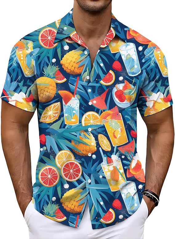 Men Tropical Plant Print Camp Collar Short Sleeve Hawaiian Shirt