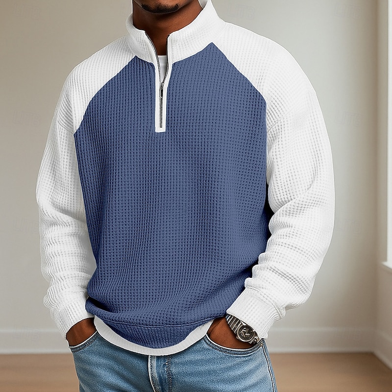 Navy blue men's waffle-knit colorblock quarter-zip pullover