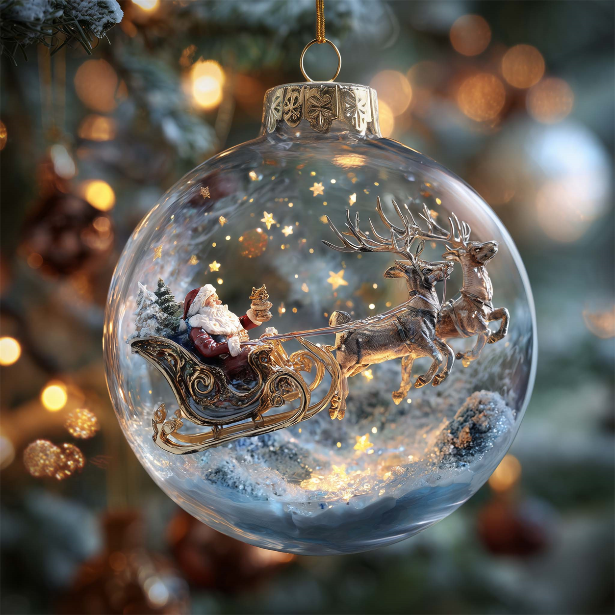 Santa Midnight Flight Christmas ornament with Santa and reindeer beneath glowing stars