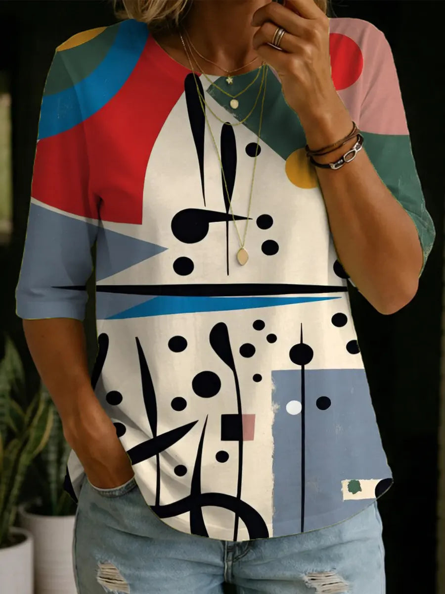 Women's Abstract Pattern Art Print Casual Cotton Round Collar Shirt