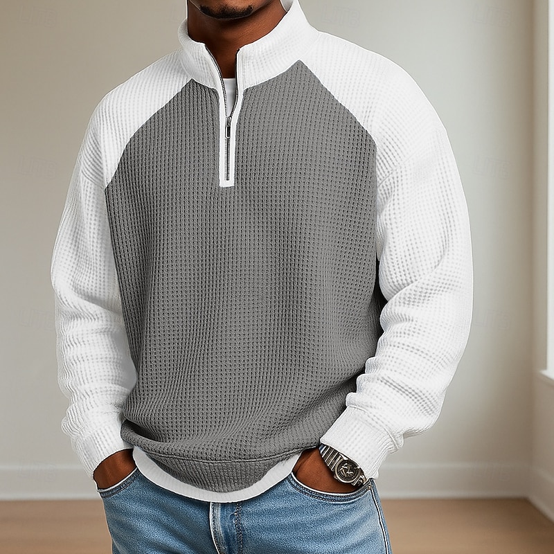 Gray men's waffle-knit colorblock quarter-zip pullover