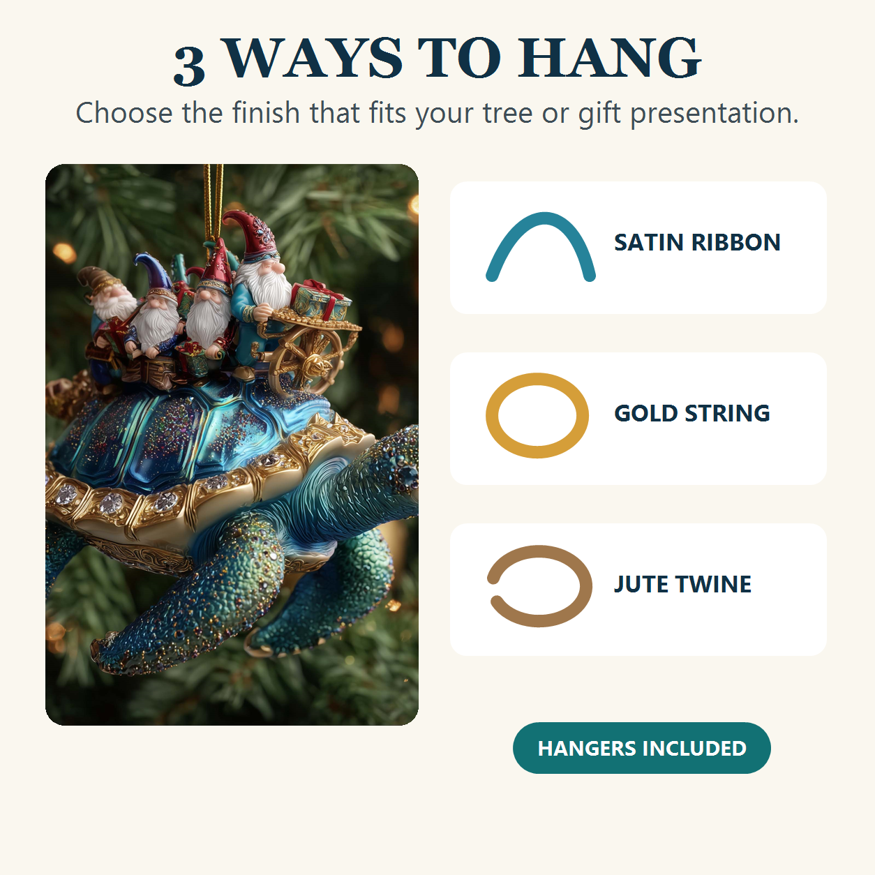 Included satin ribbon gold string and jute twine hanging options