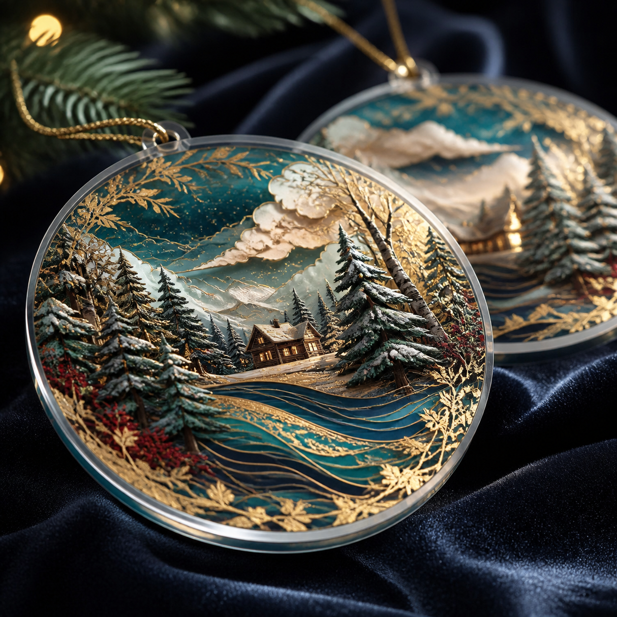 Close-up of polished acrylic edge and richly printed dimensional Christmas ornament detail