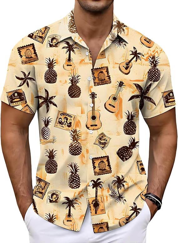 Men Tropical Plant Print Camp Collar Short Sleeve Hawaiian Shirt