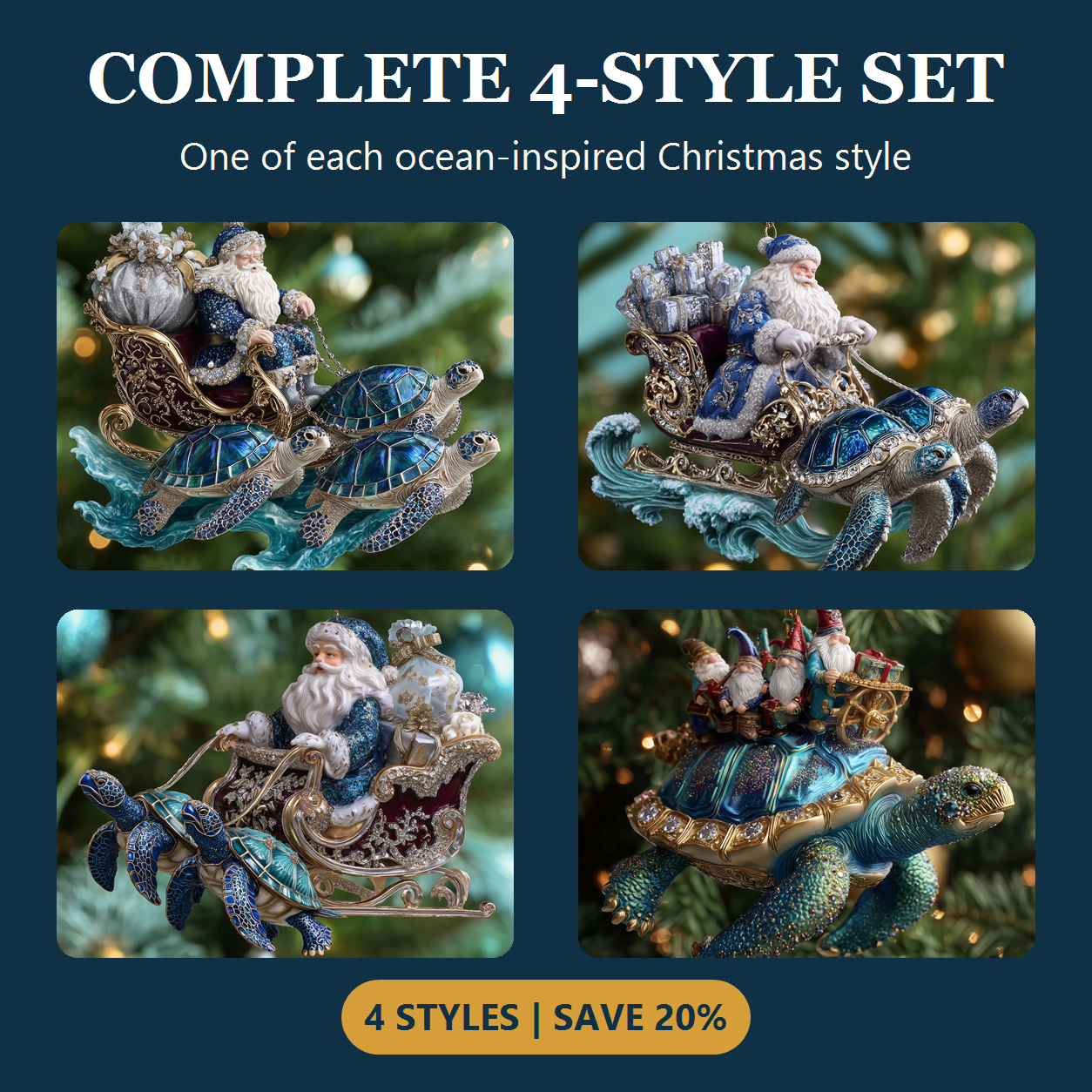 Complete four-style Turtle Drift Christmas ornament set with twenty percent bundle savings