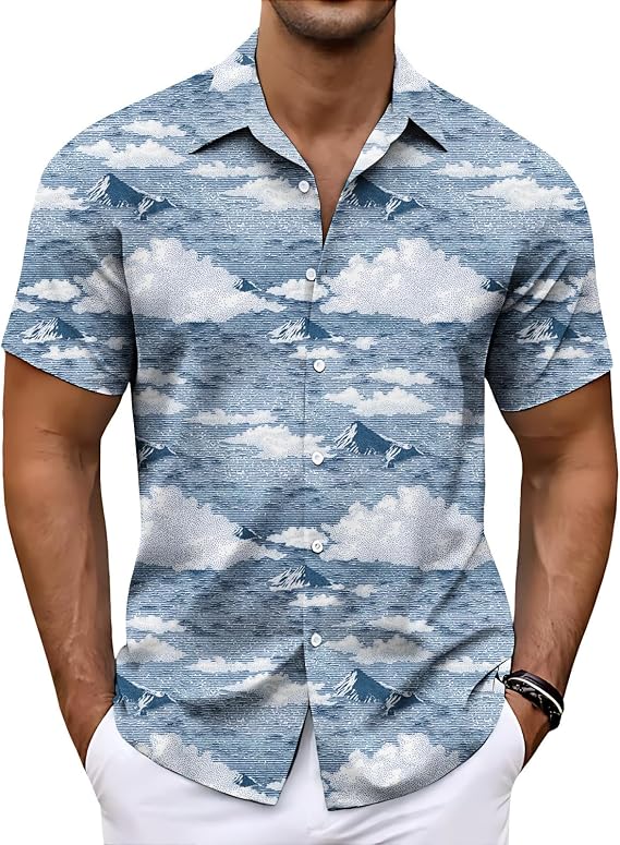 Men Tropical Plant Print Camp Collar Short Sleeve Hawaiian Shirt