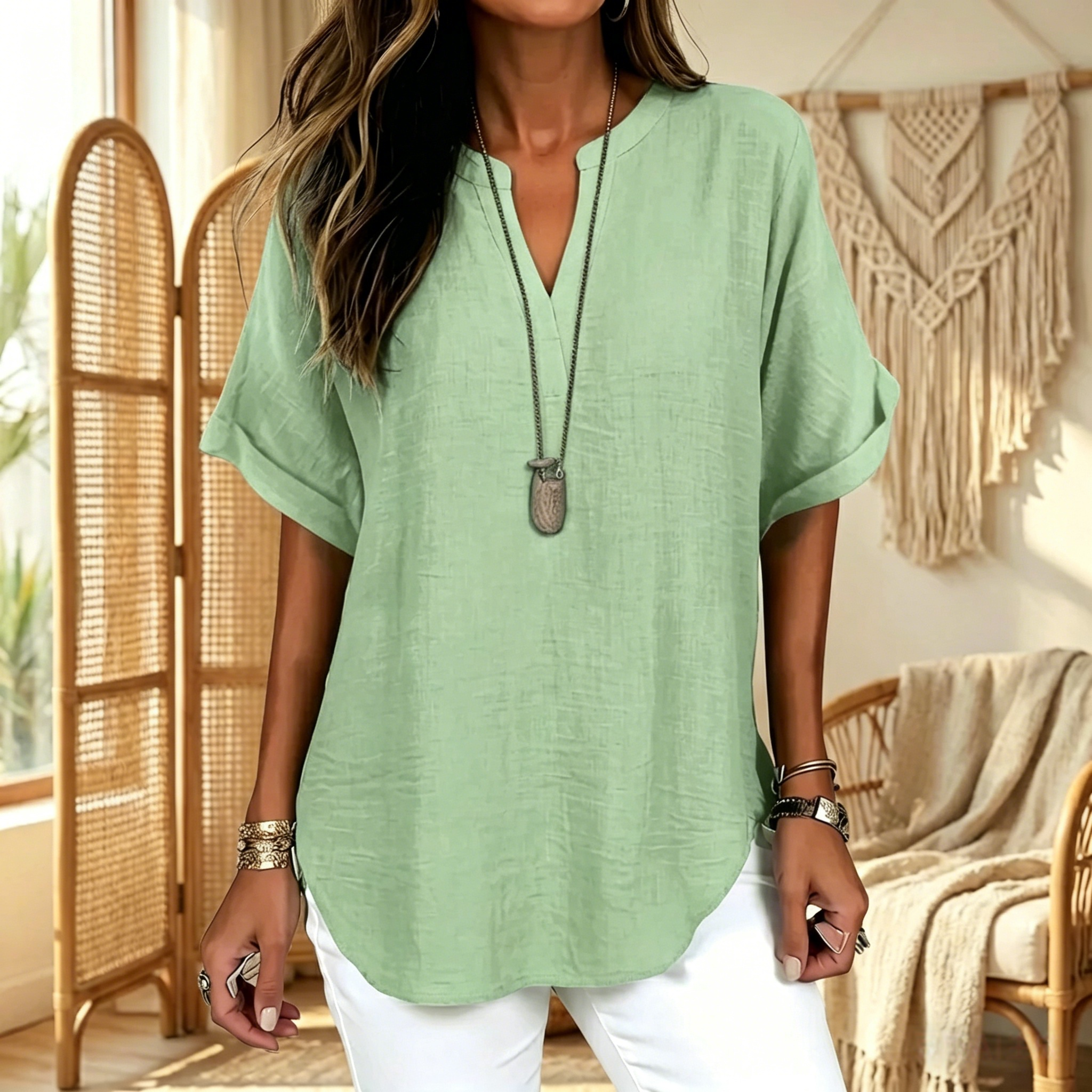 🔥Women's Plain Short Sleeve Blouse, Casual Solid Color Top for Daily Wear, Ladies Clothes for All Seasons