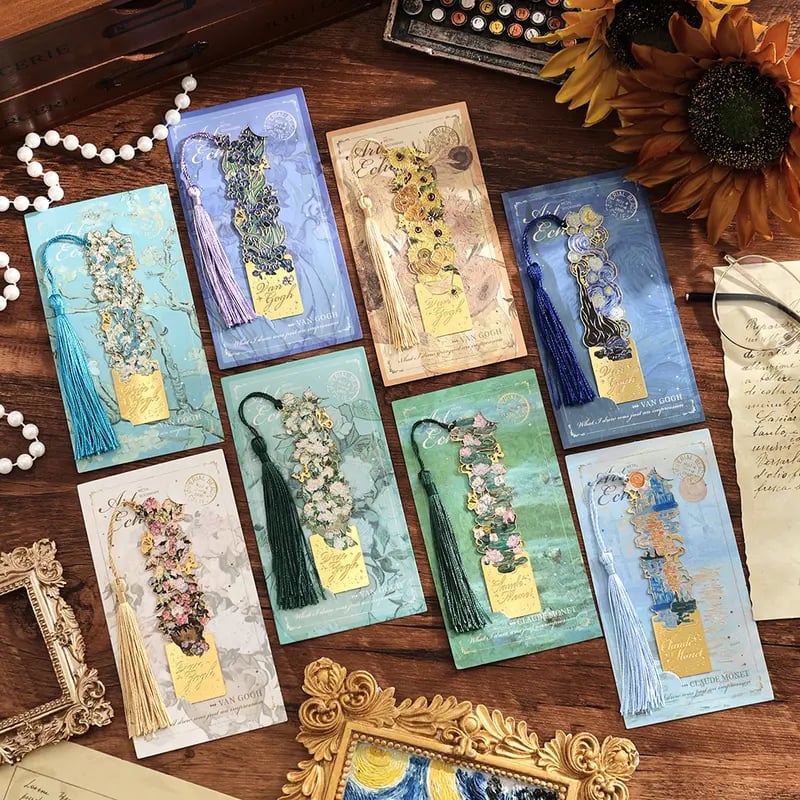 📚✨8-Piece Gold Metal Bookmark Set with Tassel – Van Gogh & Monet Inspired Gift for Book Lovers 🎨