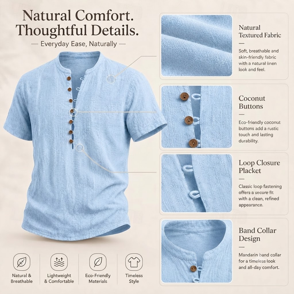 Men Mandarin Collar Wooden Button Half Placket Linen Blend Short Sleeve Henley Shirt