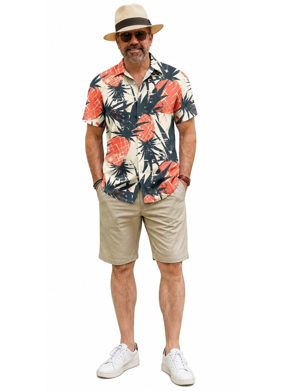 Men Tropical Plant Print Camp Collar Short Sleeve Hawaiian Shirt