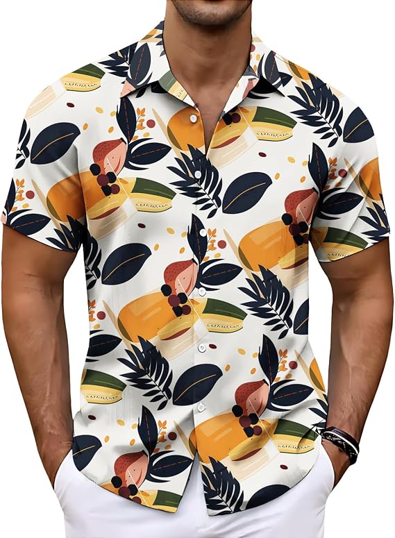 Men Tropical Plant Print Camp Collar Short Sleeve Hawaiian Shirt
