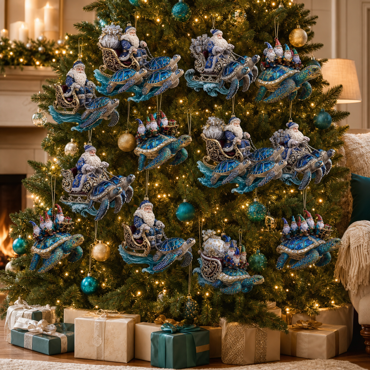 Multiple Turtle Drift ornaments styled together across a full Christmas tree