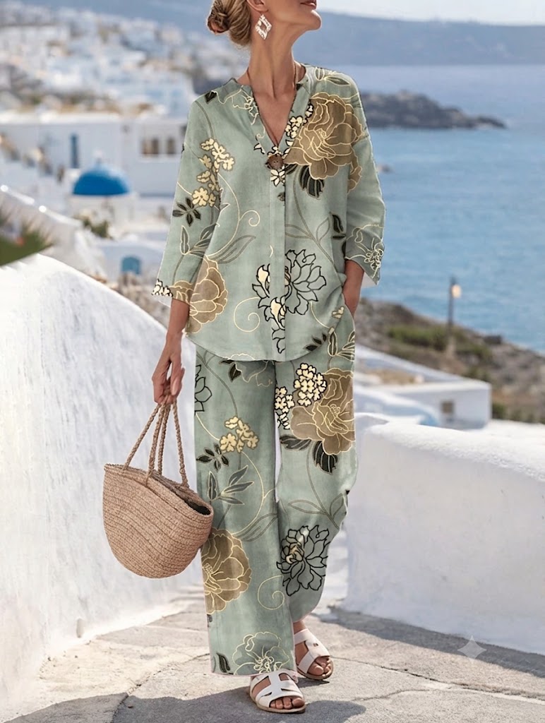 Women's Two Piece Sets Linen Like Pants Sets Bolero Top 3/4 Length Sleeve V Neck Floral Graphic Print Daily Stylish Casual Daily Vacation Blue Yellow Green Summer Regular Fit
