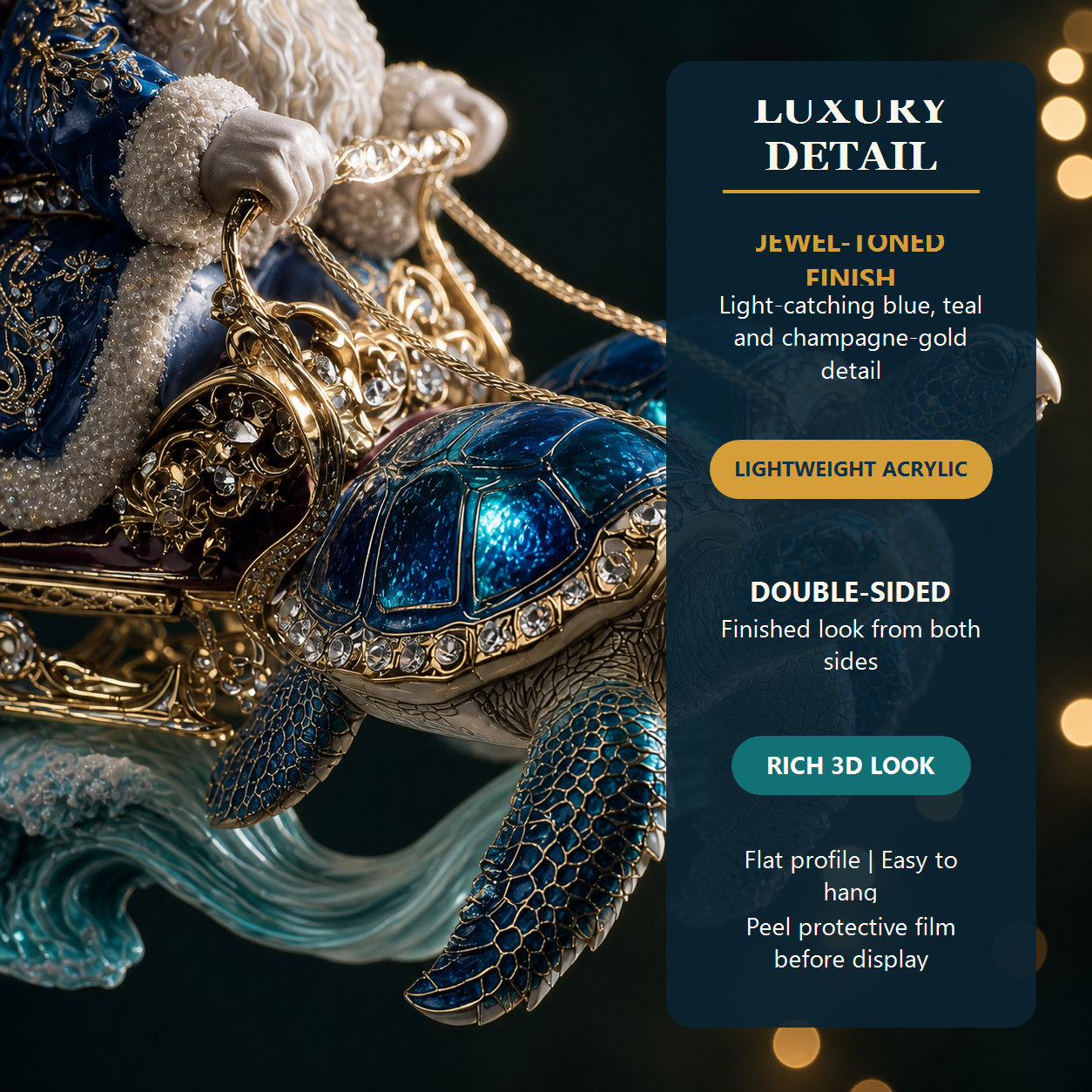Luxury close-up of Turtle Drift ornament jewel-toned detail and material