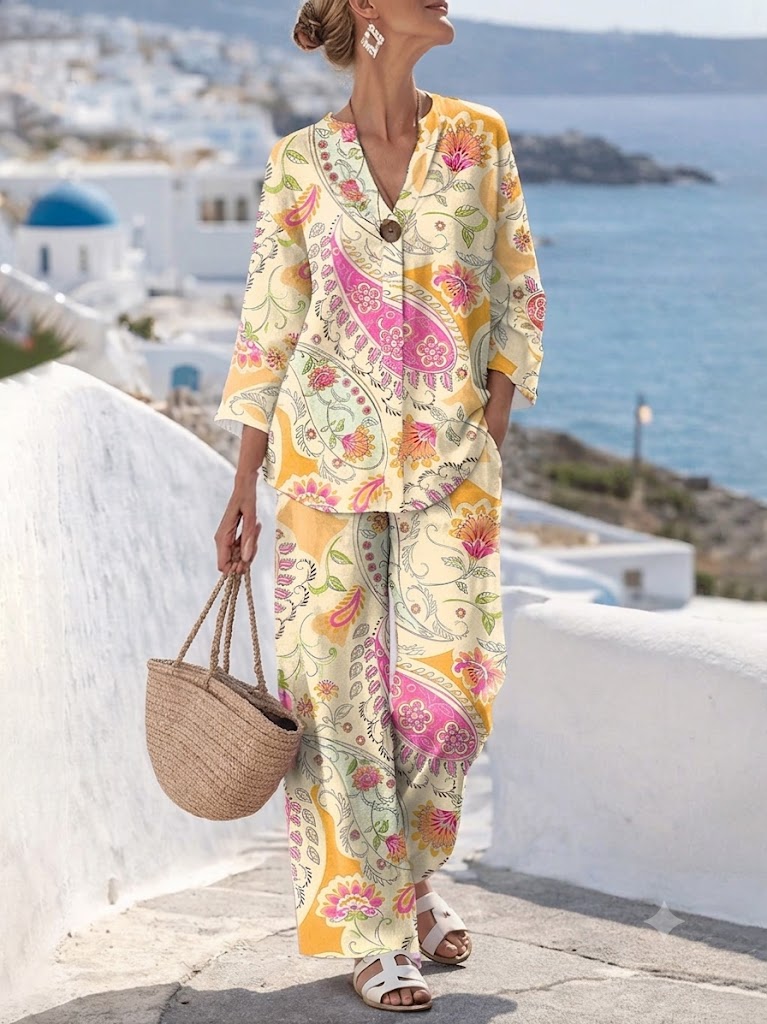 Women's Two Piece Sets Linen Like Pants Sets Bolero Top 3/4 Length Sleeve V Neck Floral Graphic Print Daily Stylish Casual Daily Vacation Blue Yellow Green Summer Regular Fit