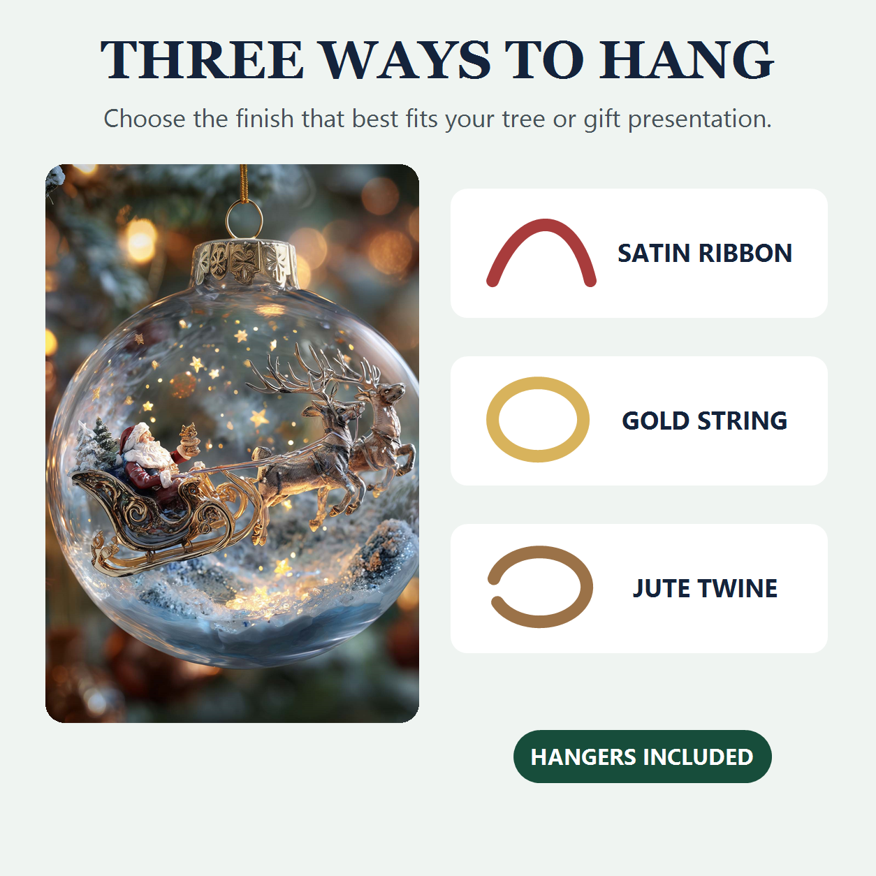 Included satin ribbon gold metallic string and jute twine hanging options