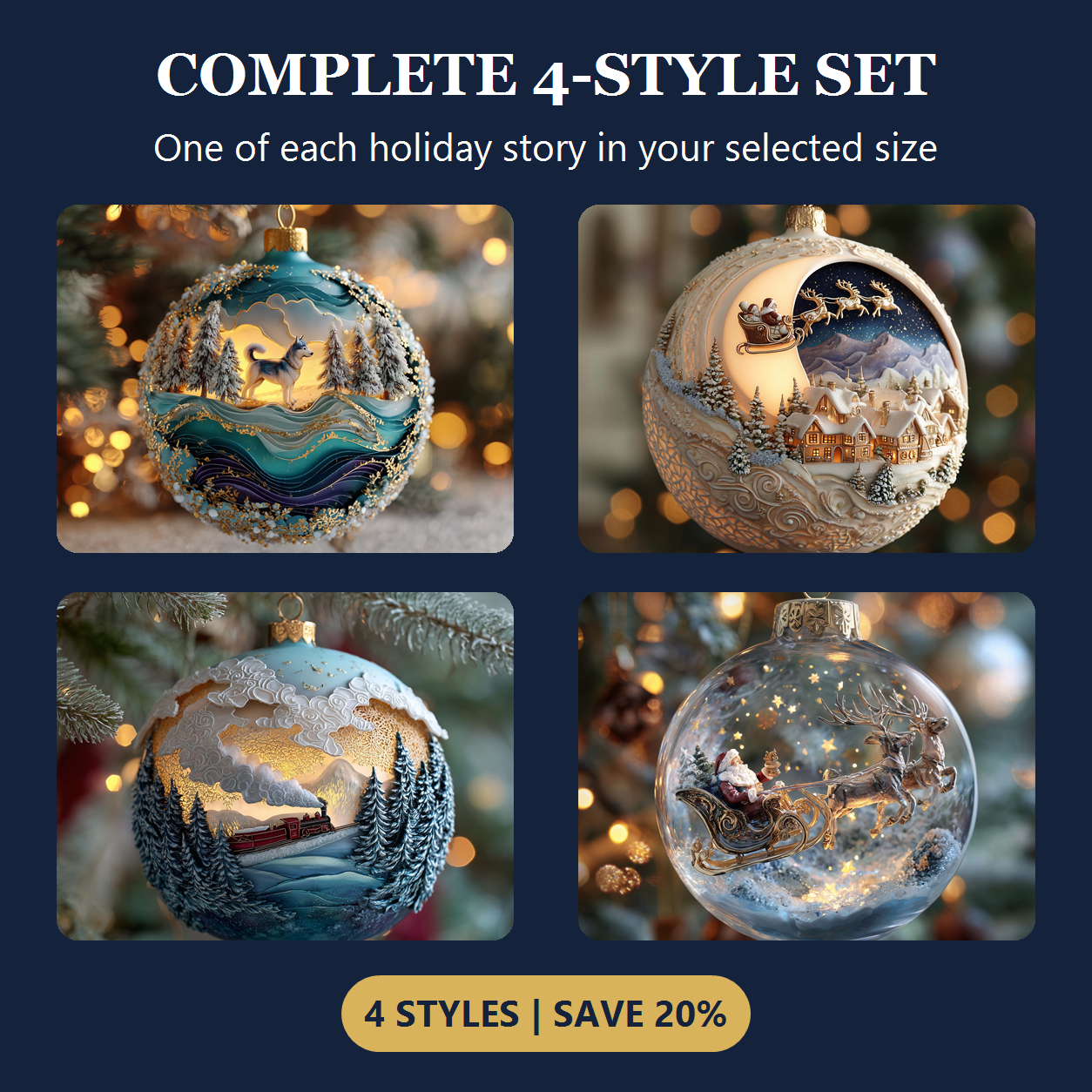 Complete four-style Homeward for Christmas ornament set with twenty percent savings