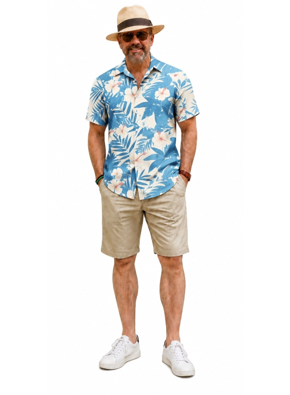 Men Tropical Plant Print Camp Collar Short Sleeve Hawaiian Shirt