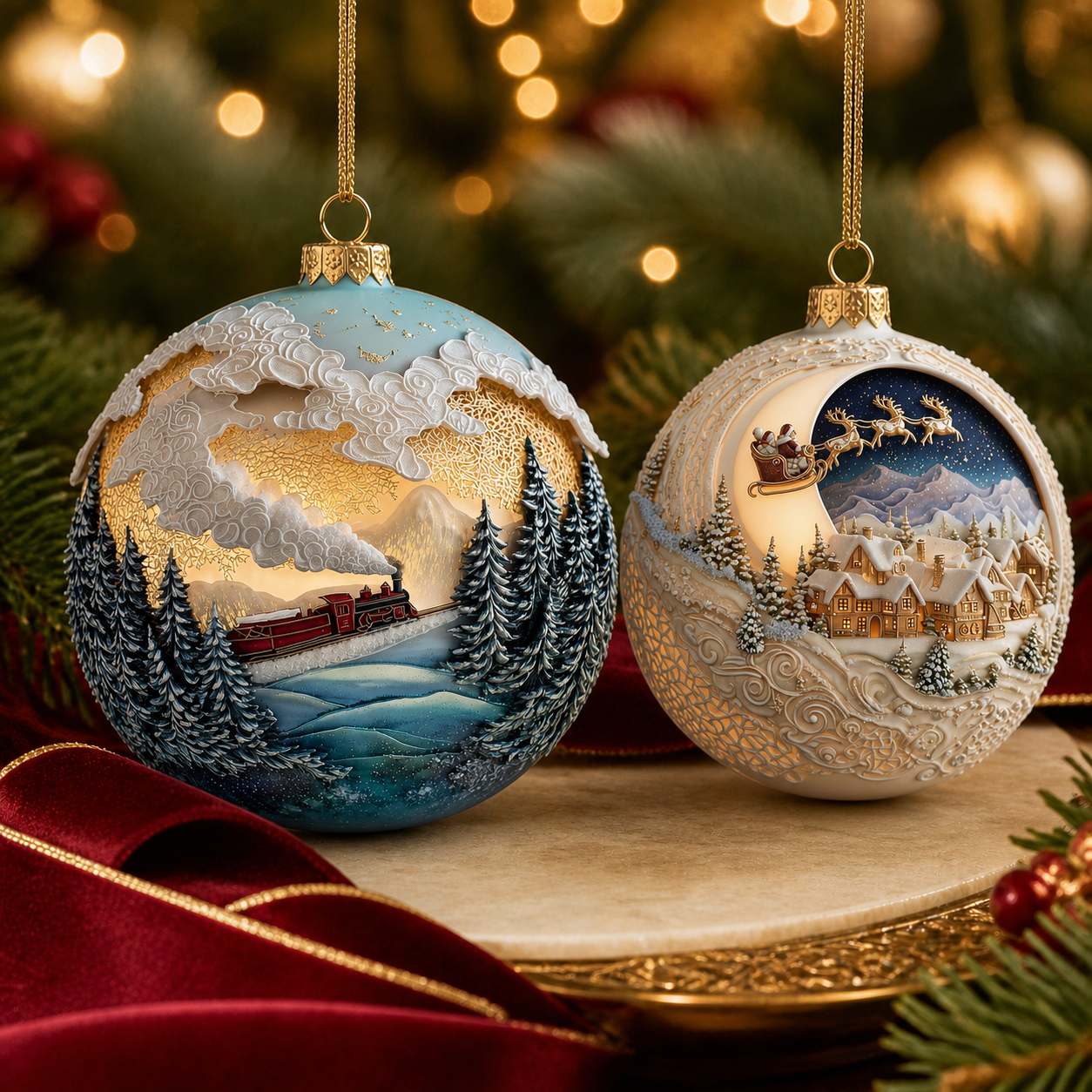 Premium spherical visual presentation of Golden Steam Express and Moonlit Santa Village ornaments with preserved sculpted relief