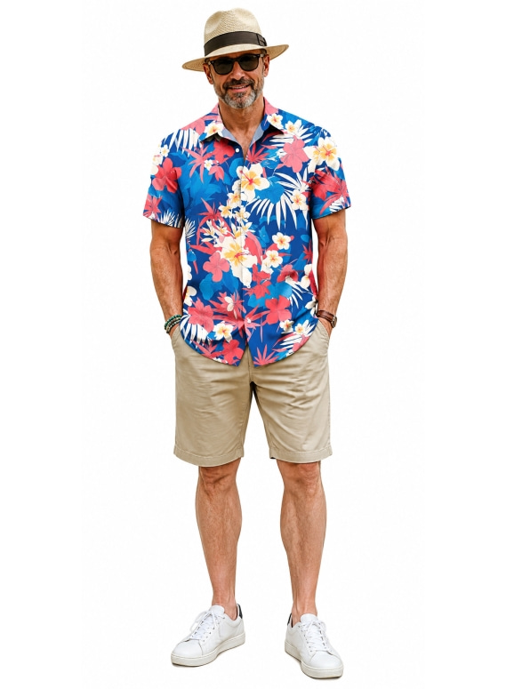 Men Tropical Plant Print Camp Collar Short Sleeve Hawaiian Shirt