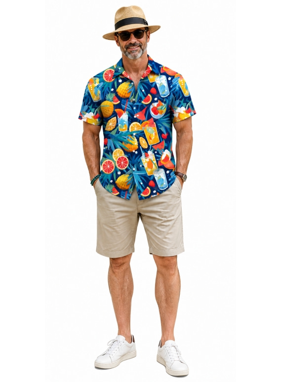 Men Tropical Plant Print Camp Collar Short Sleeve Hawaiian Shirt