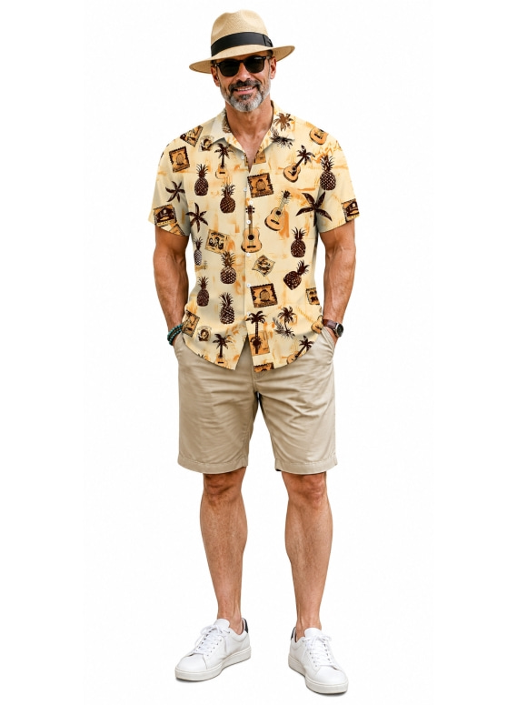 Men Tropical Plant Print Camp Collar Short Sleeve Hawaiian Shirt