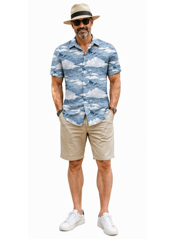 Men Tropical Plant Print Camp Collar Short Sleeve Hawaiian Shirt