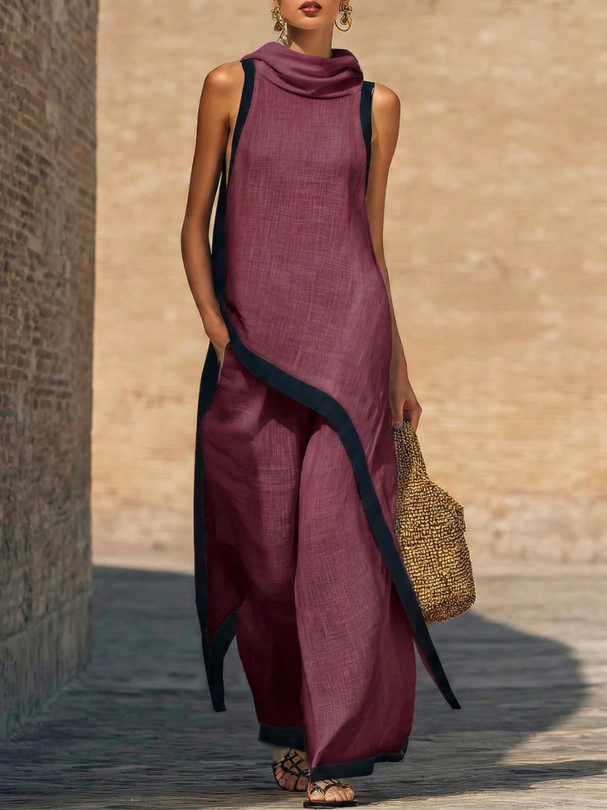 Artistic Cut Trim Elegant Linen Cotton Two-piece Set