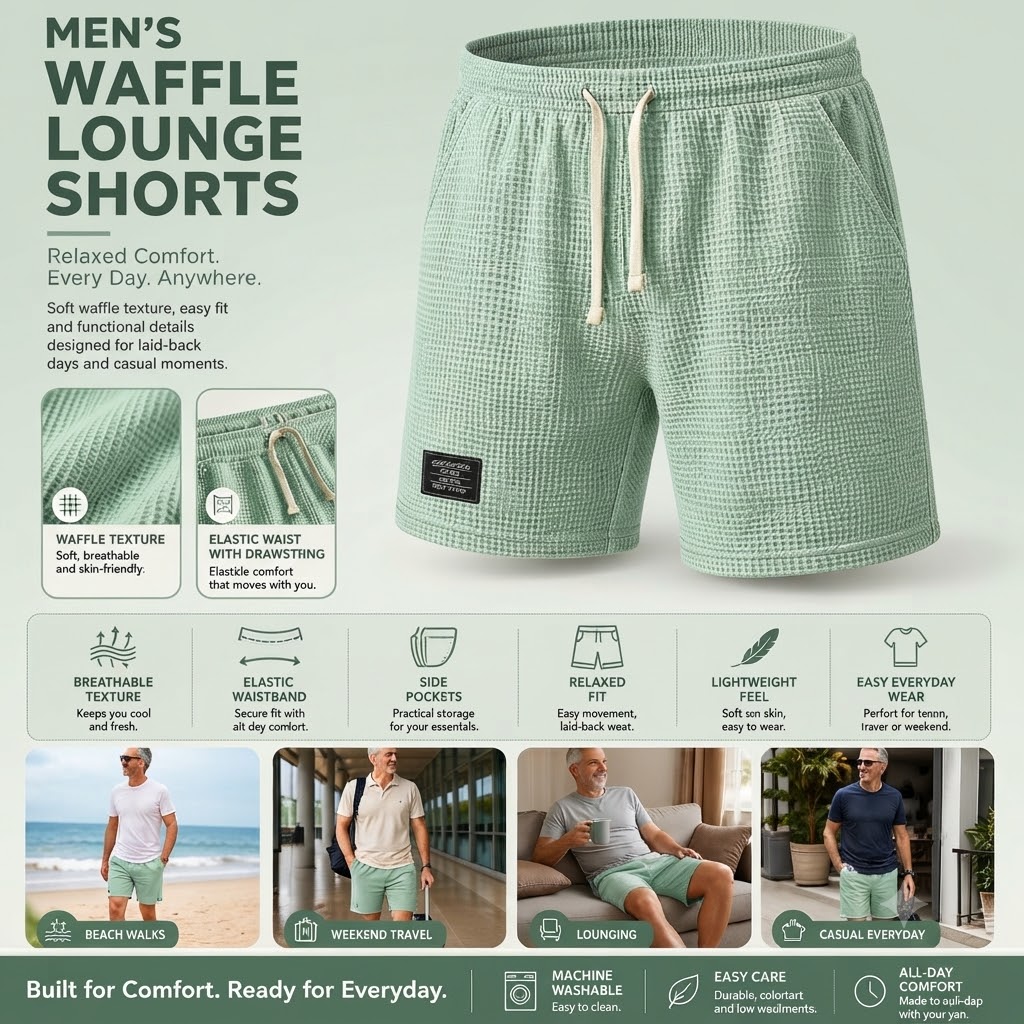 Men Waffle Knit Drawstring Elastic Waist Label Decor Casual Five Inch Sweat Shorts