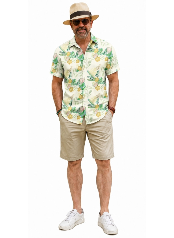 Men Tropical Plant Print Camp Collar Short Sleeve Hawaiian Shirt