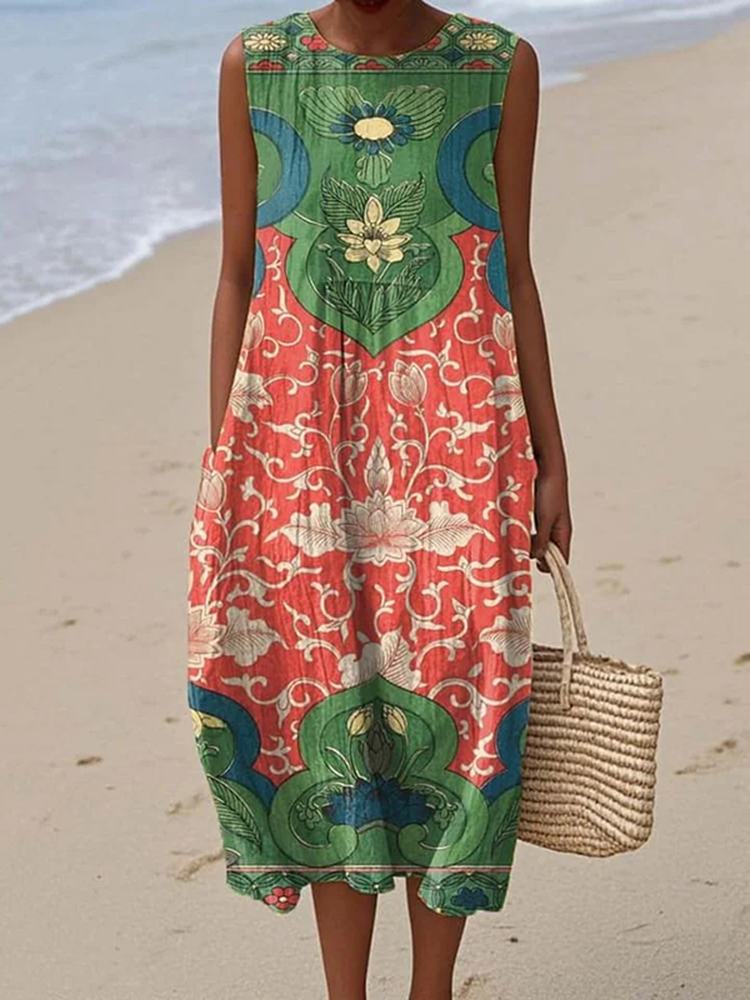 Women's Vintage Abstract Geometry Art Print Sleeveless Cotton Pocket Wrap Dress